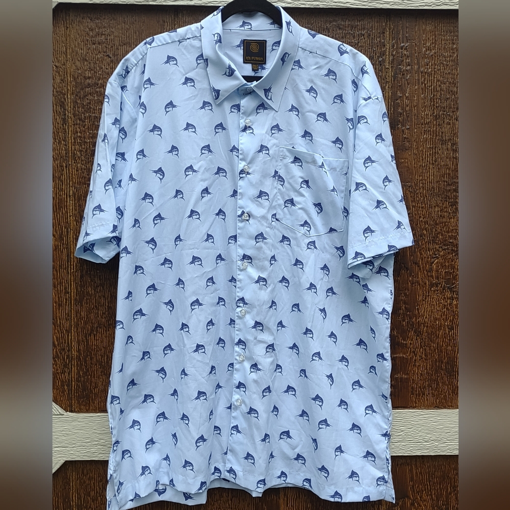 FX Fusion Short Sleeve Button Front Swordfish Print Shirt Mens 2XLT